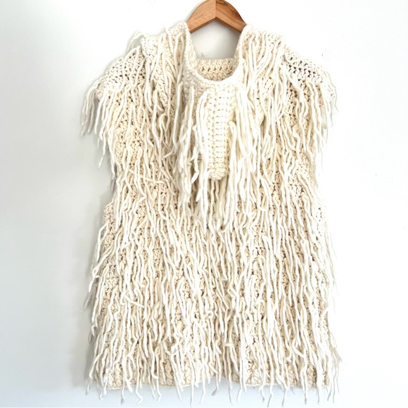 ECOTE Natural Cream Wool Blend Fringe Shaggy Knit Hoodie Zipper Vest Sz M NWT - Picture 7 of 13